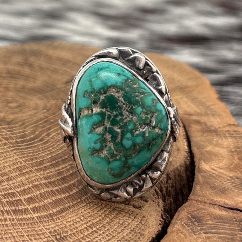 1970s Native American NAVAJO Sterling Silver & Green Turquoise Ring Leaves 10.5